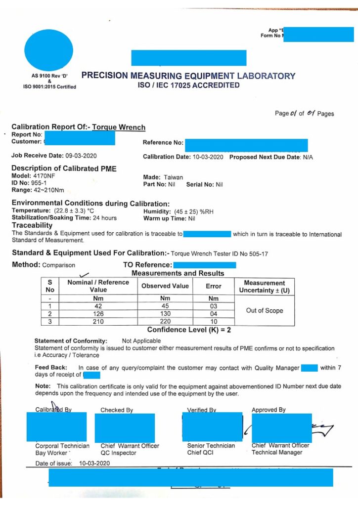 A Sample Torque Wrench Calibration Certificate