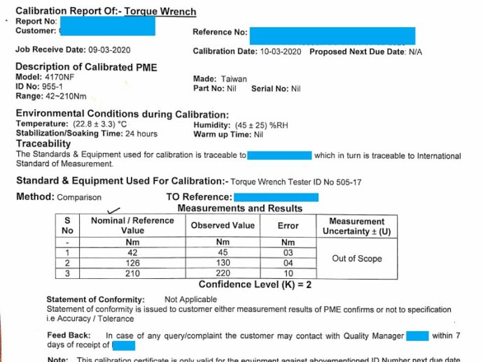 A Sample Torque Wrench Calibration Certificate