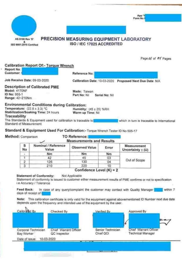 Torque Wrench Calibration Certificate Sample